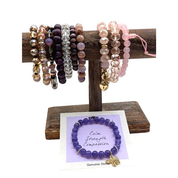 Lot of Eleven Pink Purple Crystal Stone Beaded Stretch Bracelets - Picture 6 of 6